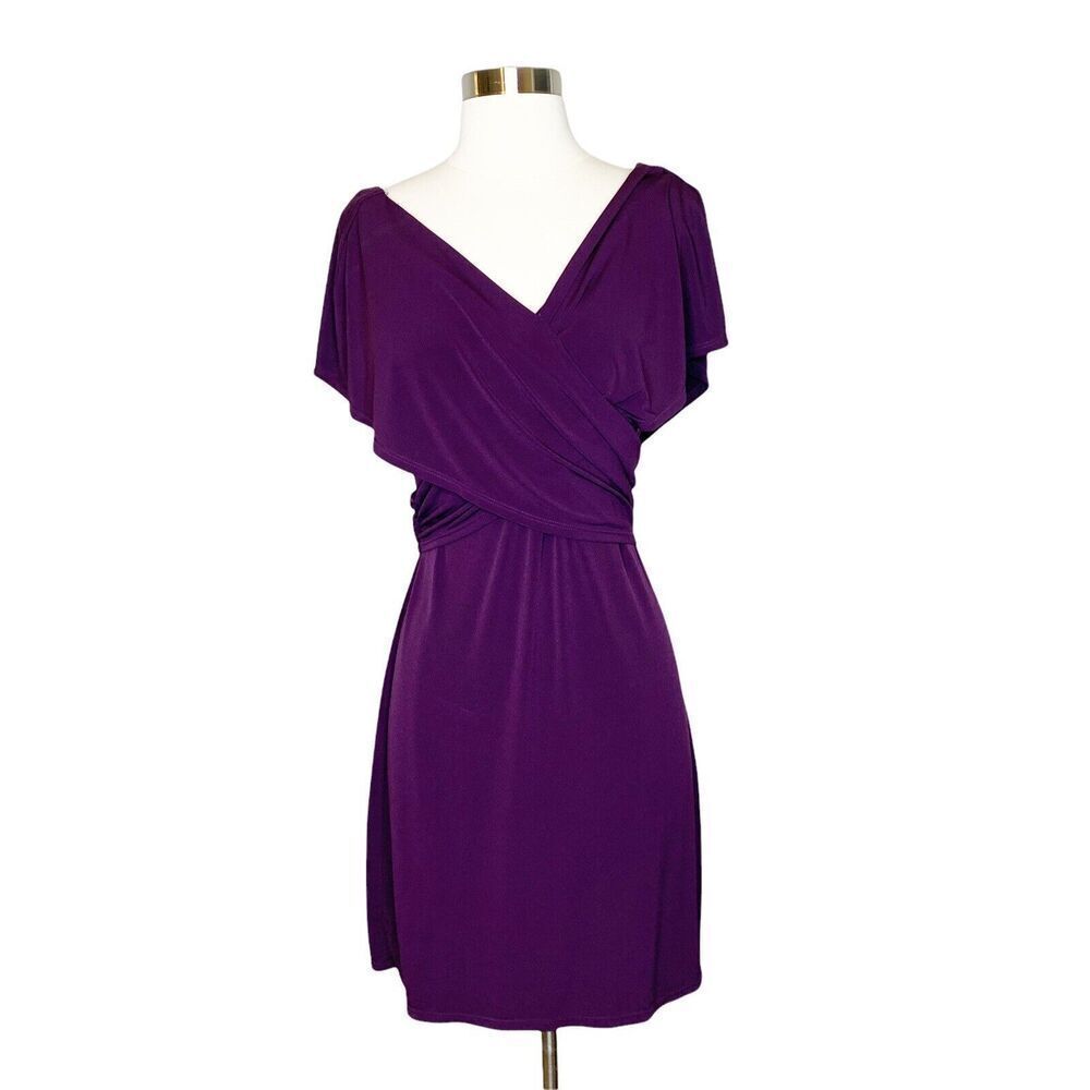 Hale Bob XS Draped Off The Shoulder Dress Royal‎ Purple Stretch Fitted Waist